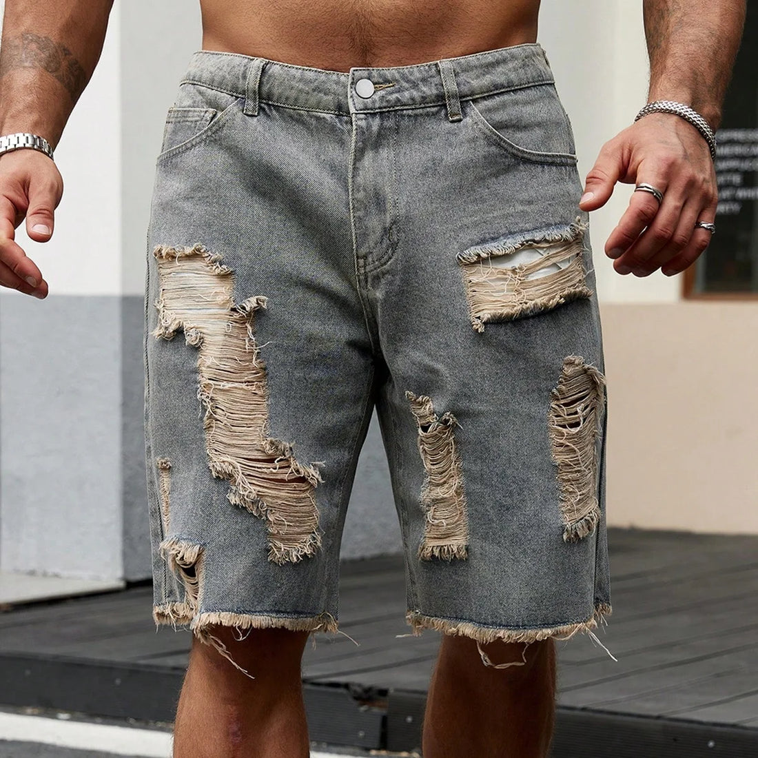 Summer New Men's Fashion Stretch Denim Shorts Retro High Street Style Old Slim Fit Short Jeans Splicing Design Cotton Brand