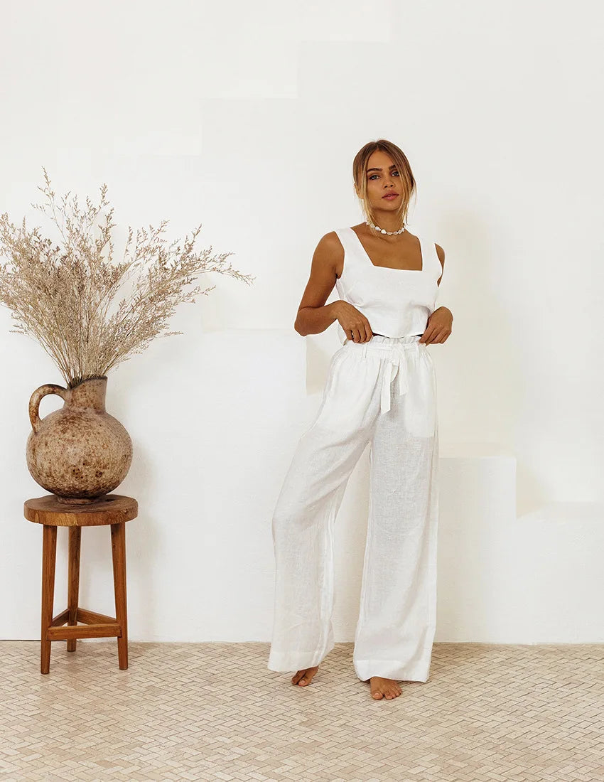 Women Casual Solid Color Suit Sweet 2 piece Set Sleeveless Vest Wide Leg Pants Cotton And Linen Sets Suumer Fashion Women's Wear