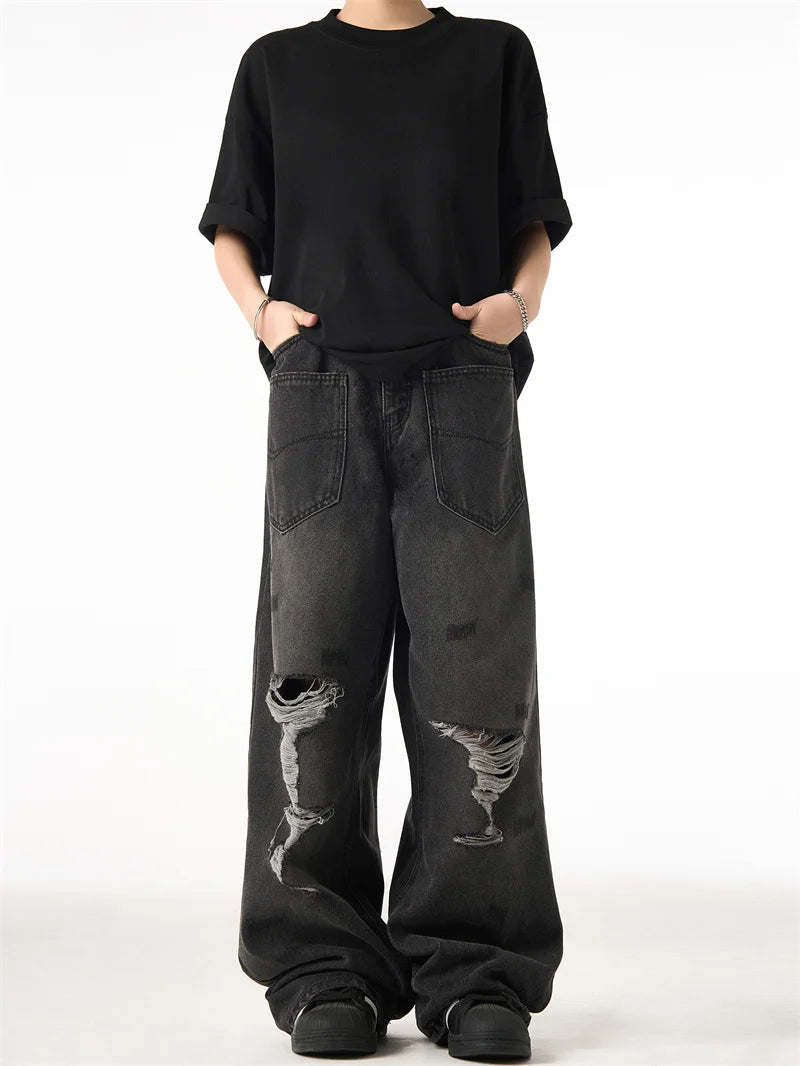 Spring American Retro Ripped Wide-leg Jeans For Men High Street Fashion Distressed Baggy Denim Pants 2025 New Casual Y2K Jean