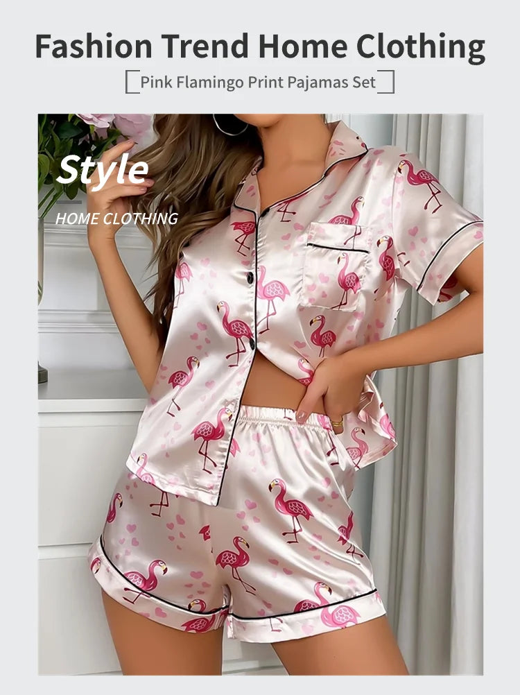Women's Pajama Pj Set Heart Print Satin Pyjama Casual Short Sleeve Lapel Collar Tops & Pants Sleepwear & Loungewear for Adults