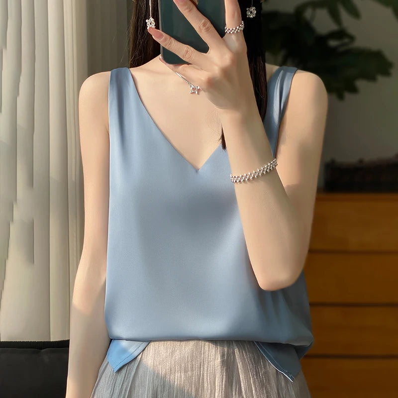 2024 New Silk Satin Women's Tank Top Basic V-neck Multi Color White Black Women's Sleeveless Top Summer Sexy Bottom