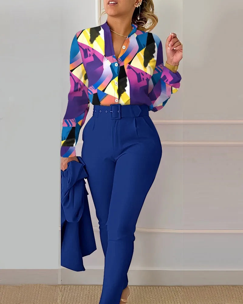 Autumn Winter Stand Neck Floral Print Long Sleeve Shirt Pants Two Piece Sets Elegant Women Casual Shirt Trousers Suits With Belt