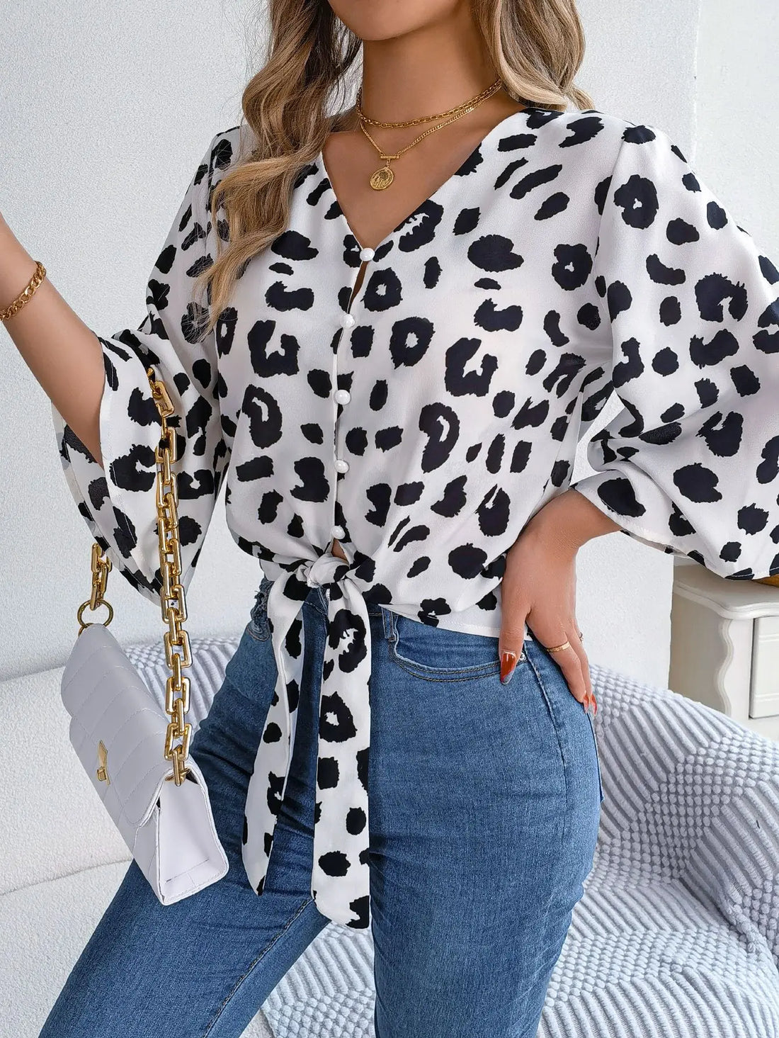 Spring Summer Casual Leopard Print Middle Sleeve Tie Bow Top Women Button Shirt