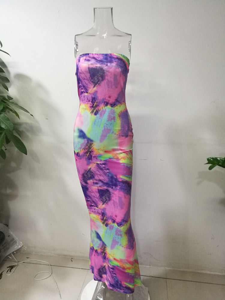 Sexy Boho Style Colorful Striped Tie-dyed Long Maxi Dress Women Strapless Sleeveless Bodycon Dress Elegant Club Party Vestidos