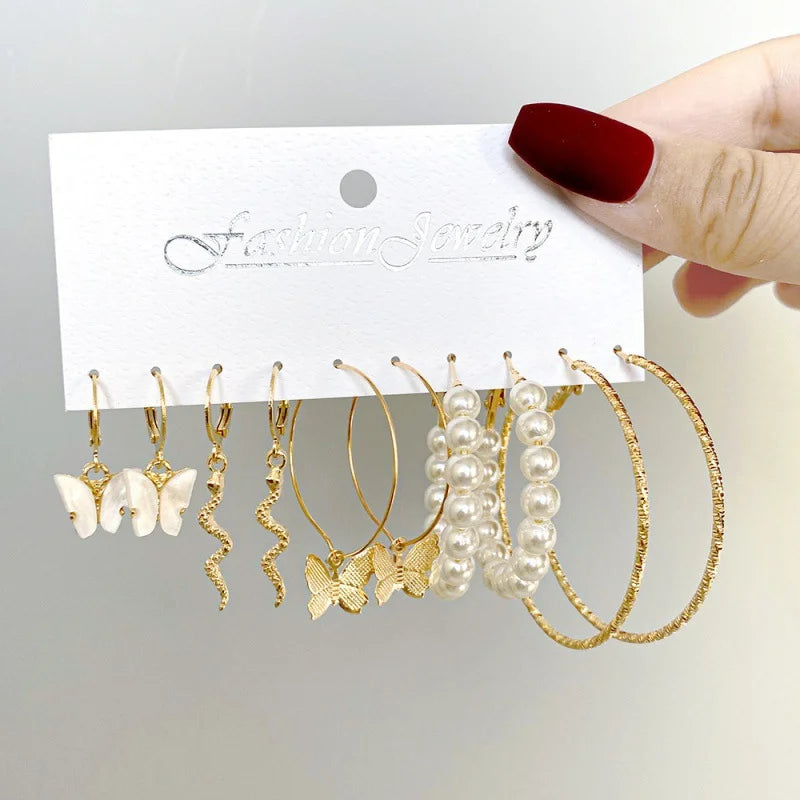 Trendy Silver Color Butterfly Hoop Earrings Set for Women Girls Geometric Irregular Metal Resin Acrylic Earrings Jewelry
