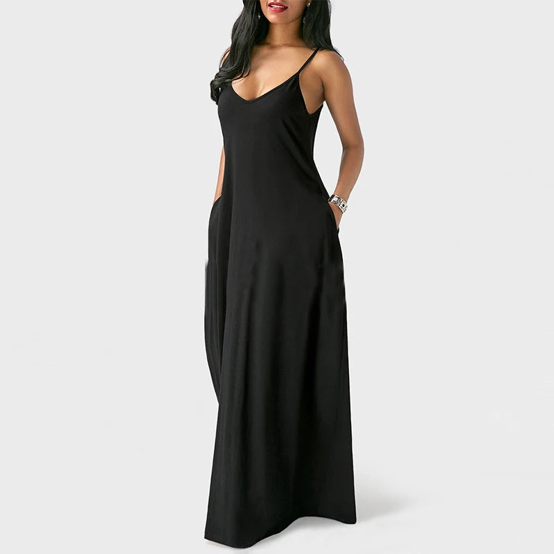 Women Pocket Long Dress Sexy V-Neck Sleeveless Loose Casual Dresses Summer Spaghetti Strap Solid Color Beach Maxi Dress S-5XL
