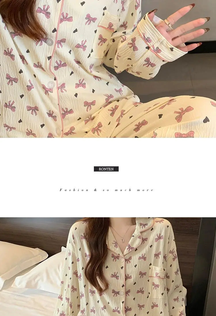 Spring and Autumn New Women's 2025 Printed Wrinkled Cloth Pajamas Girls Long-Sleeved Sweet Small Flowers Pajamas Homewear Set