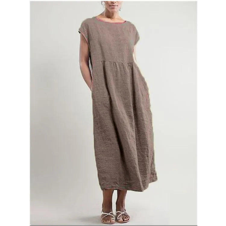 2024 Summer New Short Sleeved Women's Dress With Loose Casual Pockets Solid Color Round Neck Pullover Long And Elegant Dress