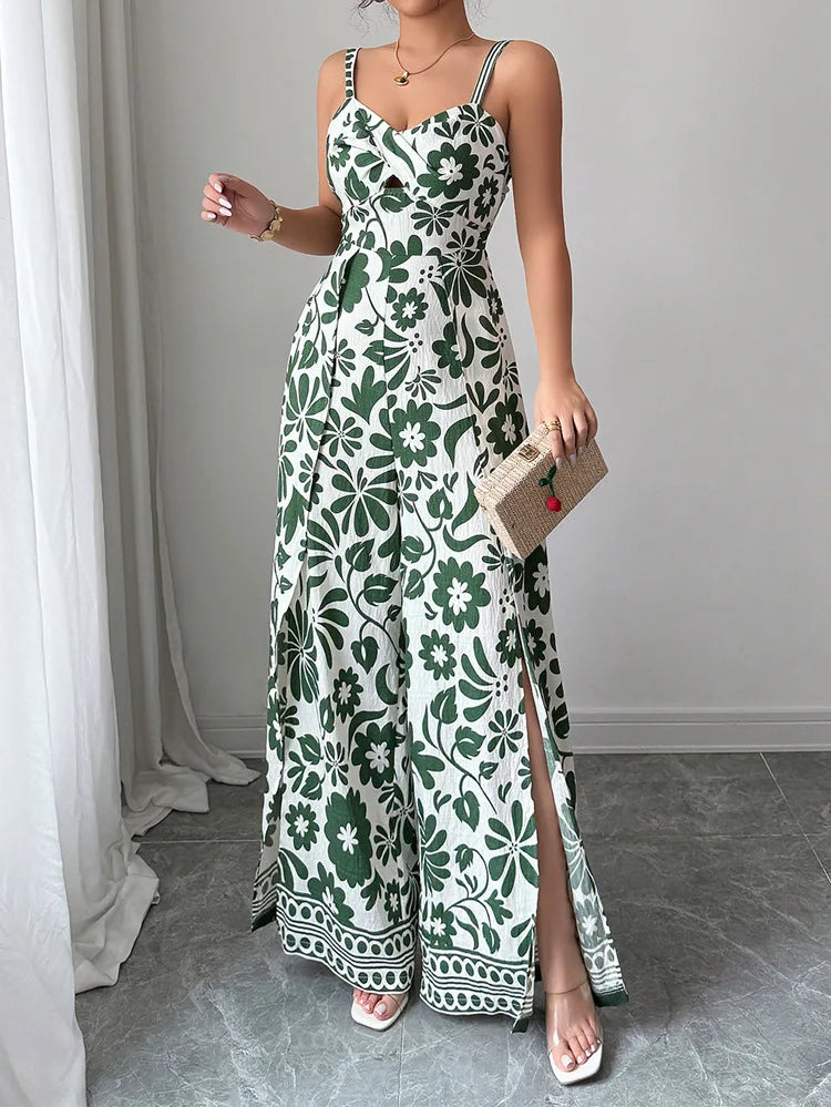 Jumpsuits Sleeveless Women V Neck Print Rompers Wide Leg Length Pants Jumpsuit Sexy High Waist Slight Strech Loose One Piece