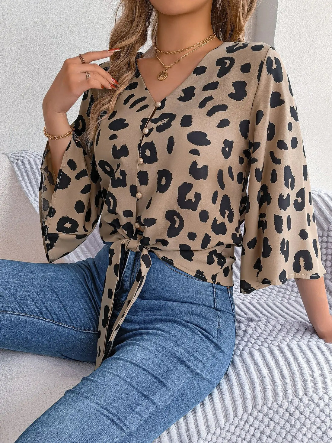 Spring Summer Casual Leopard Print Middle Sleeve Tie Bow Top Women Button Shirt