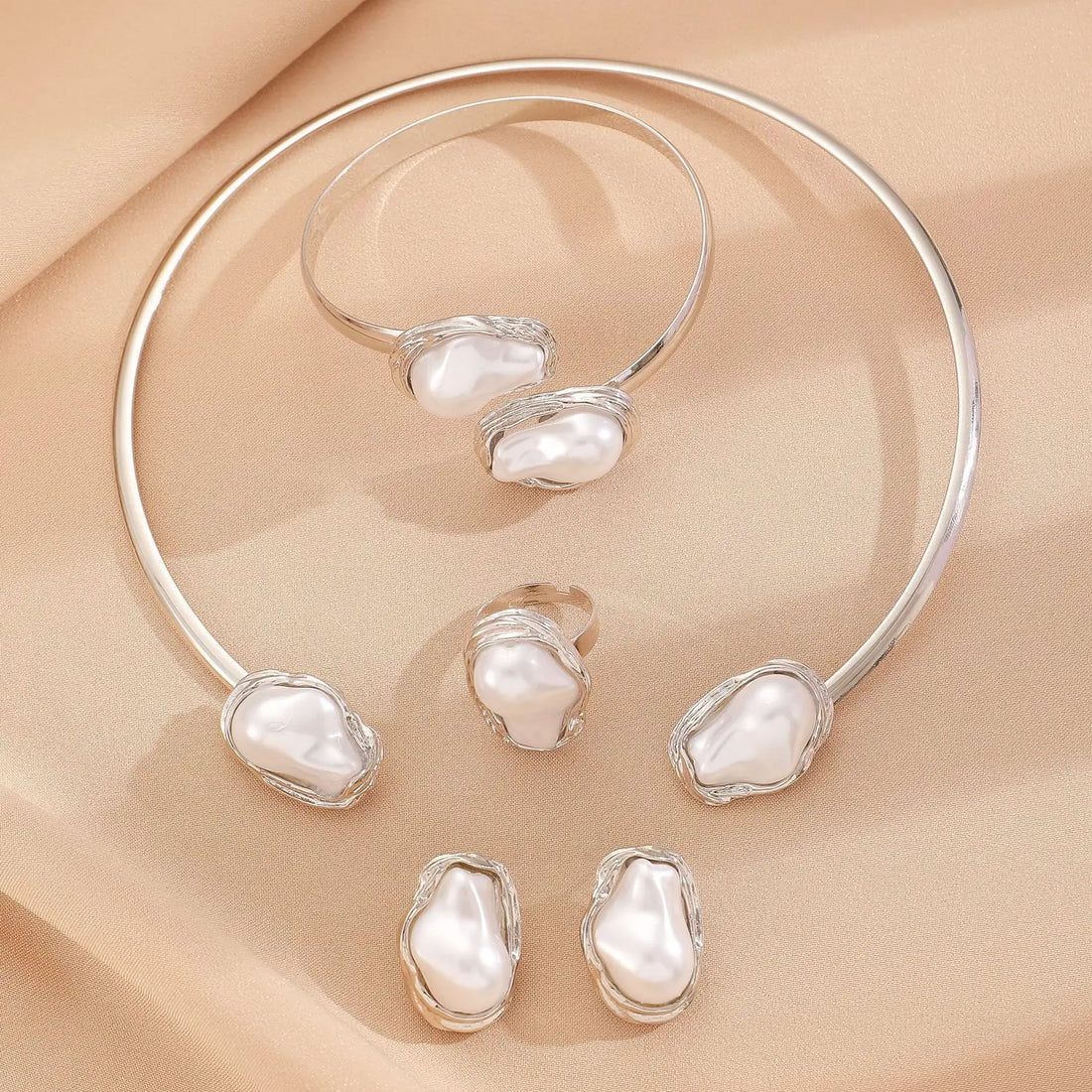Elegant Baroque Imitation Pearl Choker Necklace Bangles Ring Earrings Set Women Chunky Circle Open Torques Collar Jewelry Set