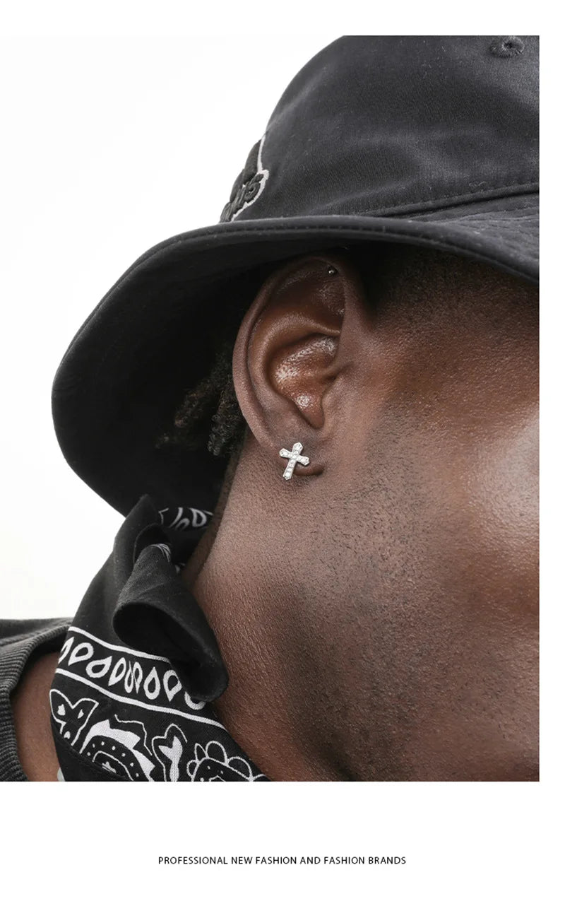 2024 New Rhinestones Cross Earrings for Men Personality Hip-Hop Pair Stainless Steel Stud Earrings Male Women's Party Jewelry