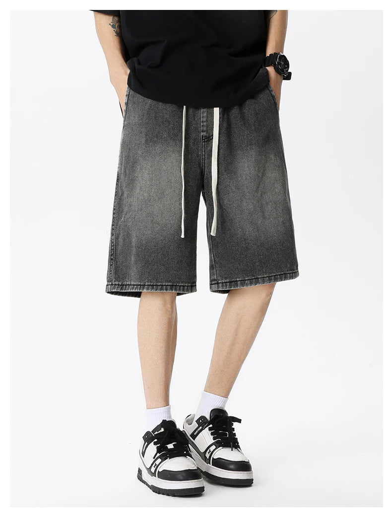 Casual Denim Shorts Men Elastic Waist Straight Comfortable Light Blue Soft Short Pants Baggy Wide Bermuda Male Jeans