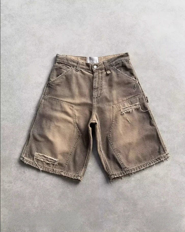 Reaven High Quality Black Punk Washed Denim Shorts Mens Summer Hip Hop Ripped Hole Raw Edge Jorts Y2k Retro Street Jean Shorts