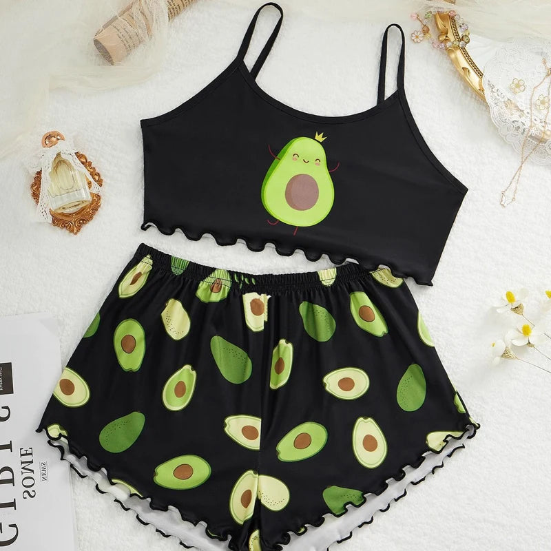 Women Sleepwear Cute Cartoon Print Short Set Pajamas Summer Sweet Sleeveless Pyjamas V-Neck Top & Shorts Homewear Animal Pijama