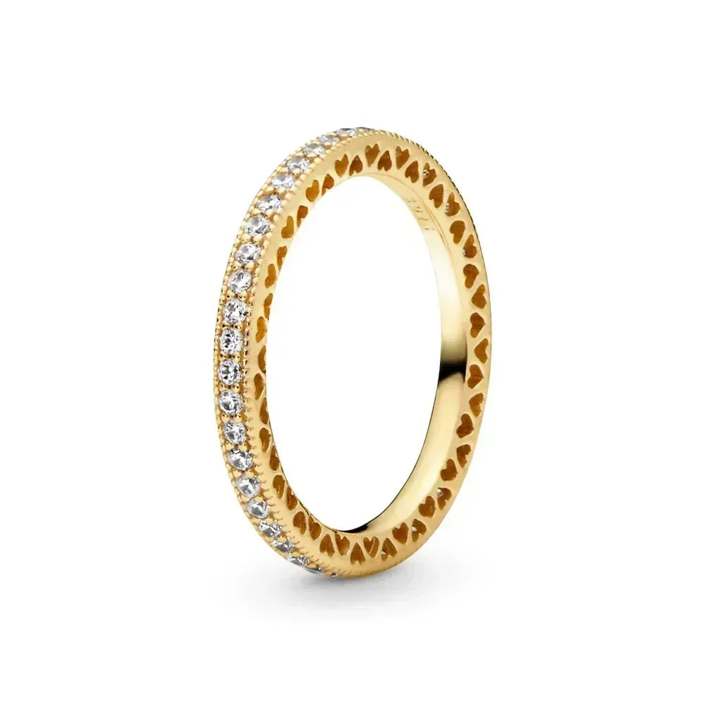 New 925 Sterling Silver Shiny Classic Gold Color Crown Bow Heart-shaped Rings Exquisite Luxury Charm Women's Jewelry Party Gifts
