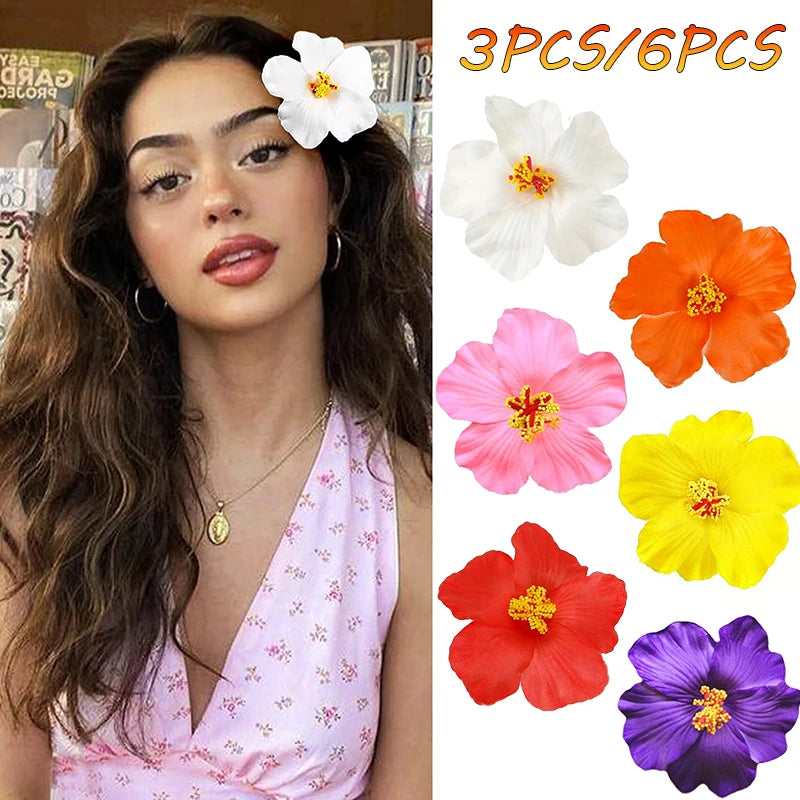 6PCS/3PCS Hawaiian-style Hibiscus Hair Clips Artificial Flower Headwear Suitable for Seaside Vacations Party Decorations
