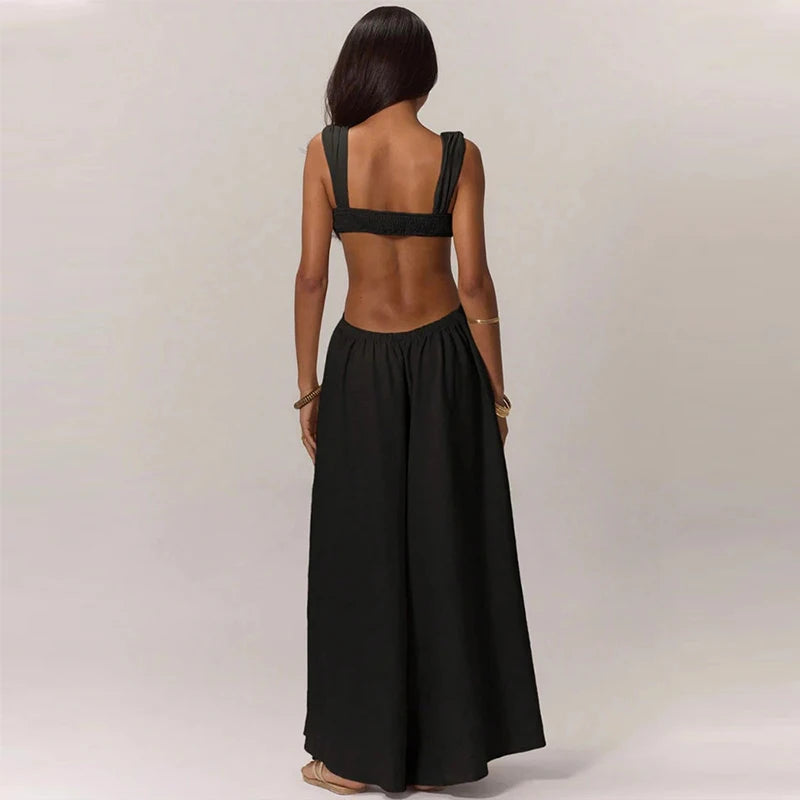 Fashion Hollow Waist Halter Wide Leg Jumpsuits Sexy Tube Top Sleeveless Solid Color Playsuits Lady High Street Commute Rompers