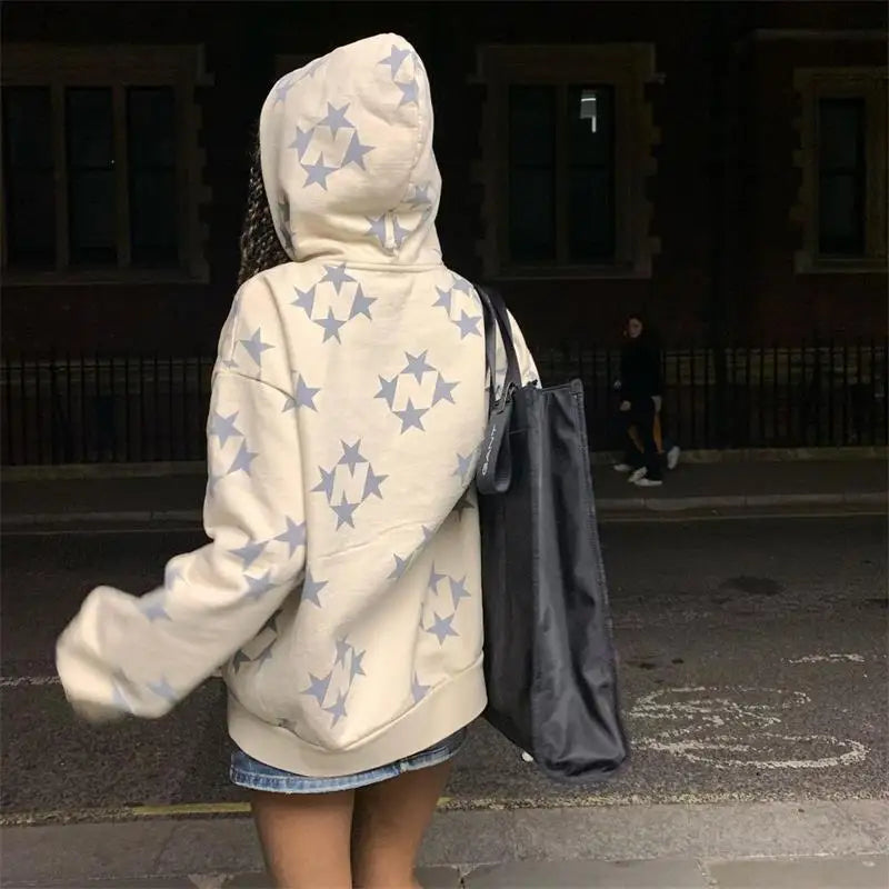 y2k Sweatshirt Men Star Print Long Sleeve Hooded Tops 2000s Aesthetic Clothes Zip Up Streetwear Fairycore Grunge Jacket Fall
