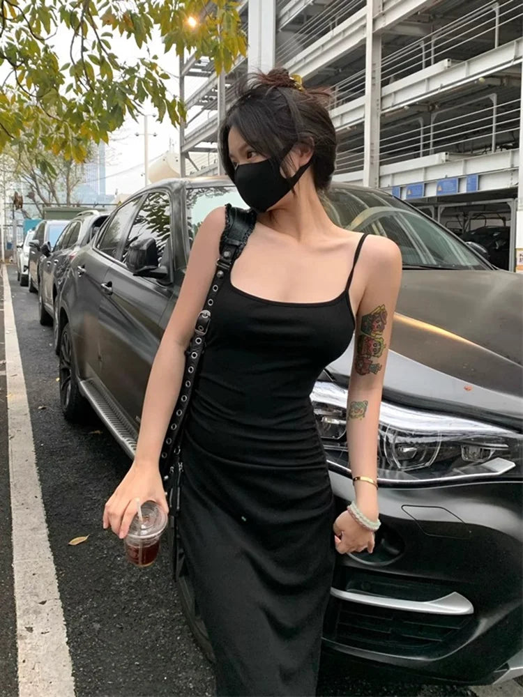 Sexy Spicy Girl Hollow Backless Back Camisole Dress Women's Summer Y2k Clothing Party Bodycon Dresses Split Wrapped Hip Sundress