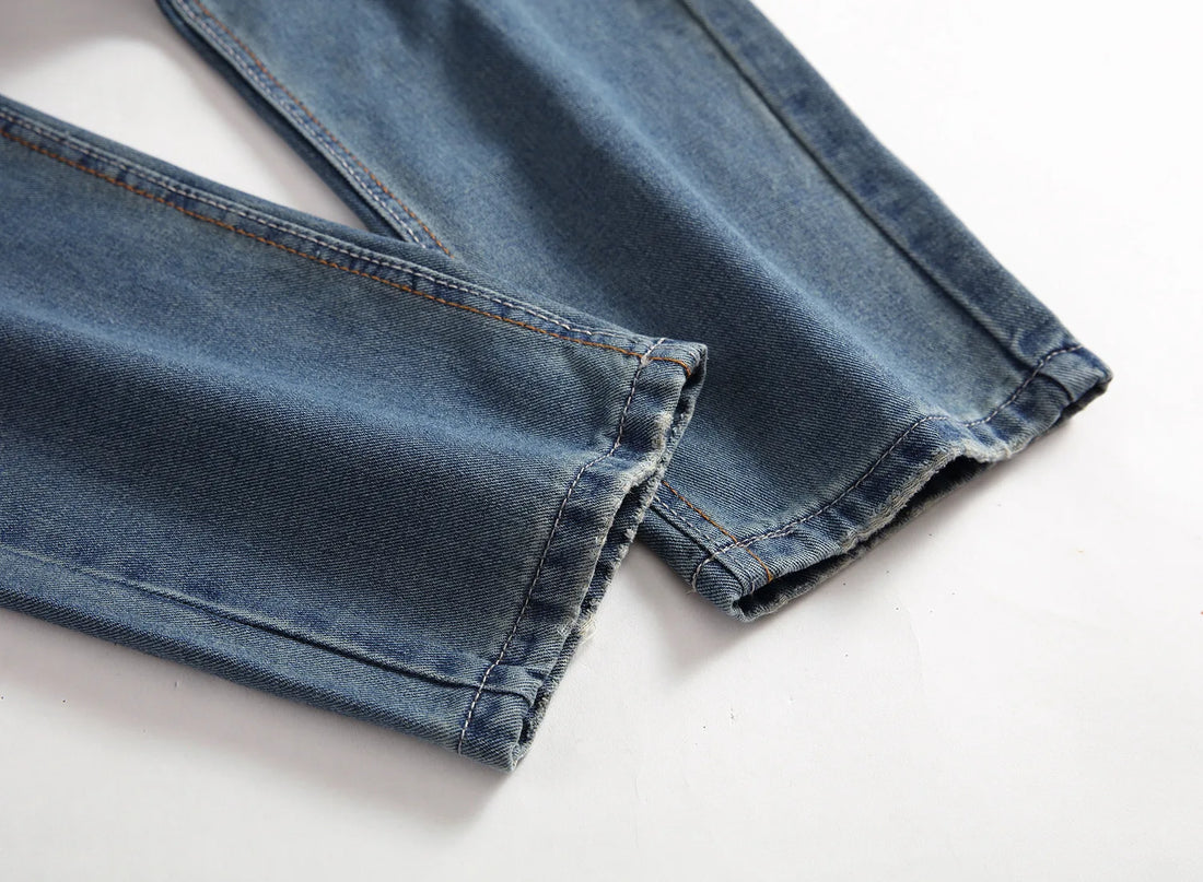 Men Pants High Quality Streetwear Men's Ripped Nostalgic Scratched Jeans Casual  Button Straight Denim Trousers Male Pant