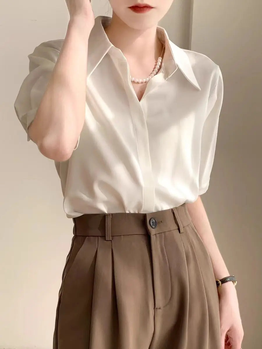 Summer Women's Blouse Casual Loose Short Sleeve Ladies' Shirt Fashion White Pullover Button Up Female Clothing Elegant Waman Top