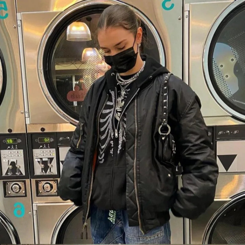 Y2K Rhinestone Skeleton Hoodies Women Gothic Black Zip Up Oversized Sweatshirts Female Retro Harajuku Hooded Jacket Streetwear