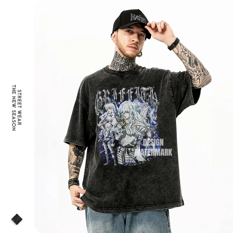 Griffith T-shirts Oversized Streetwear Vintage Washed Anime Kenpuu Denki T Shirt Short Sleeve Retro Manga Guts Tops Tees Men