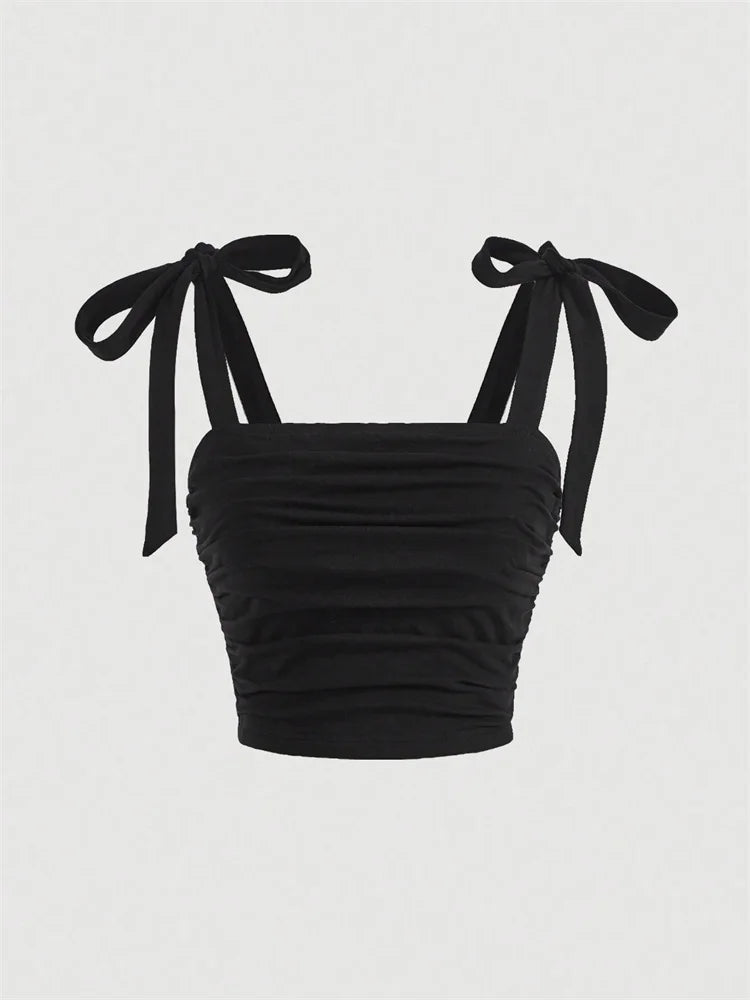 Solid Tie Shoulder Ruched Wide Strap Slim Fit Crop Top for Women Summer 2025 Y2K Clothes Pink Backless Cami Top Streetwear