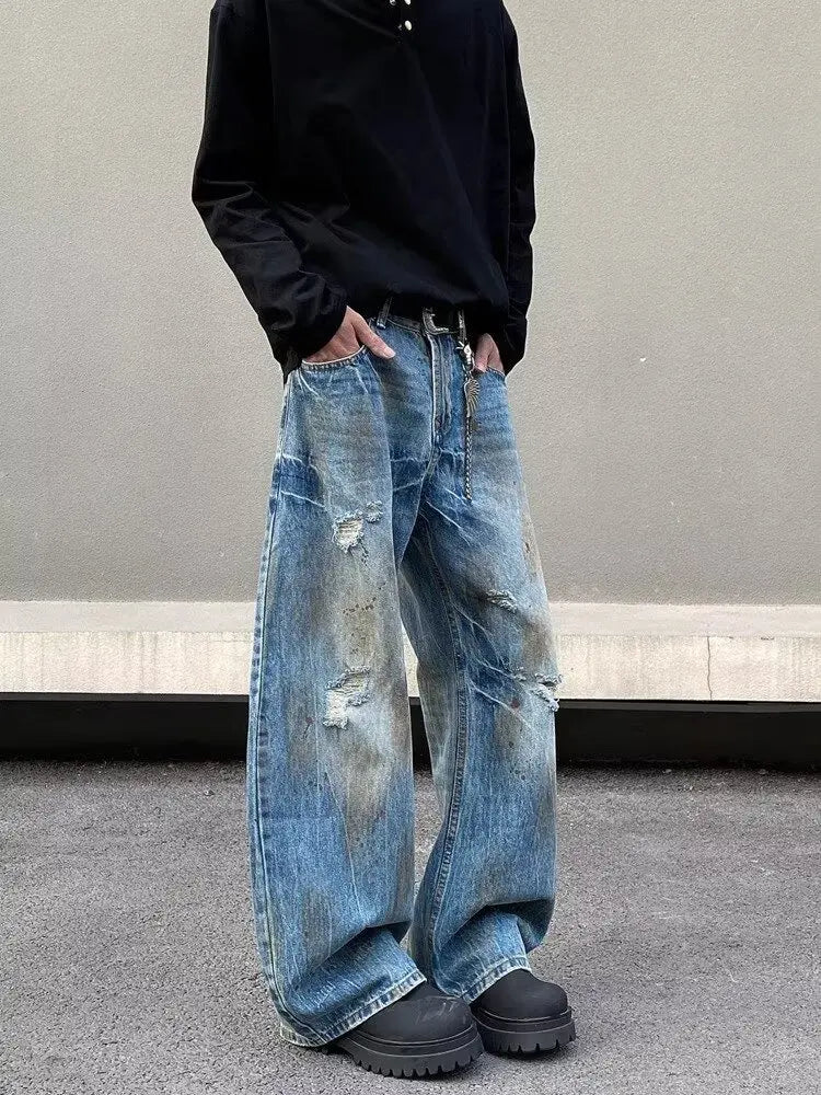 2000S Clothes Y2K Grunge Old Dirty Washed Blue Baggy Ripped Jeans Pants For Men 90S Vintage Clothes Denim Trousers Ropa Hombre