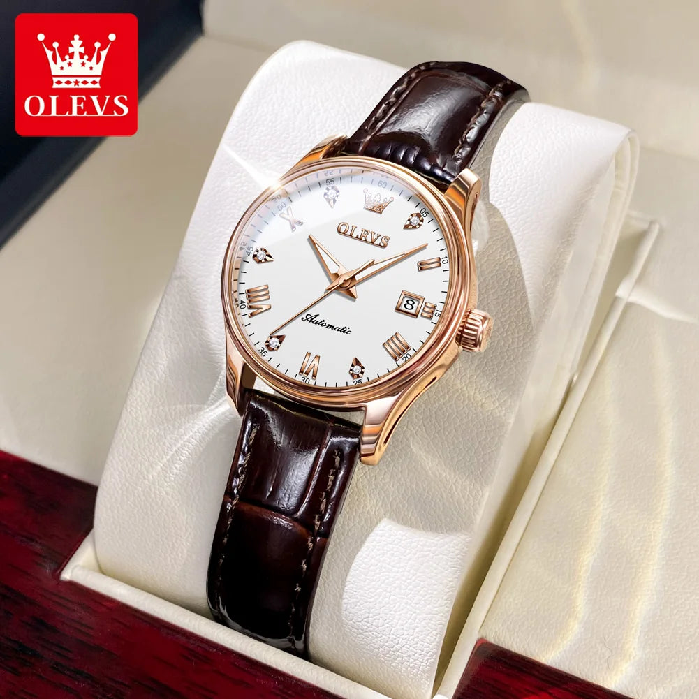 OLEVS 9932 Women's Automatic Mechanical Wristwatch Leather Strap Waterproof Dual Calendar Wristwatch Luxury Elegant Ladies Watch