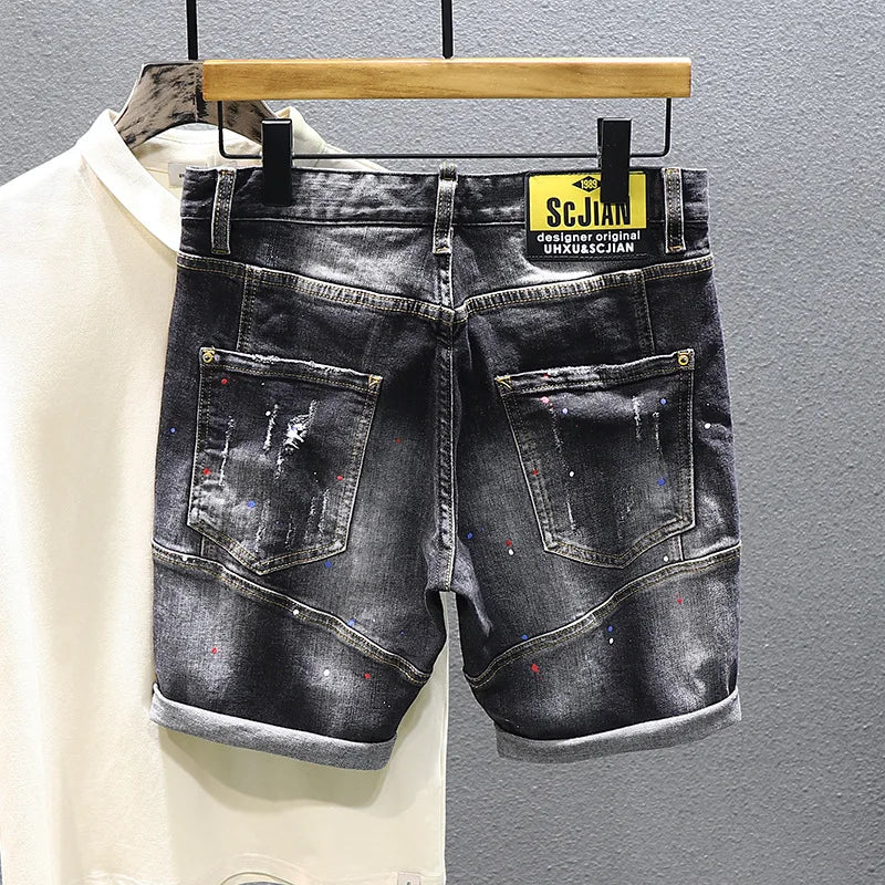 Tie-dye Fashion Paint Spots Denim Shorts Men's Summer New Ripped Retro Dilapidated Male Streetwear Short Jeans