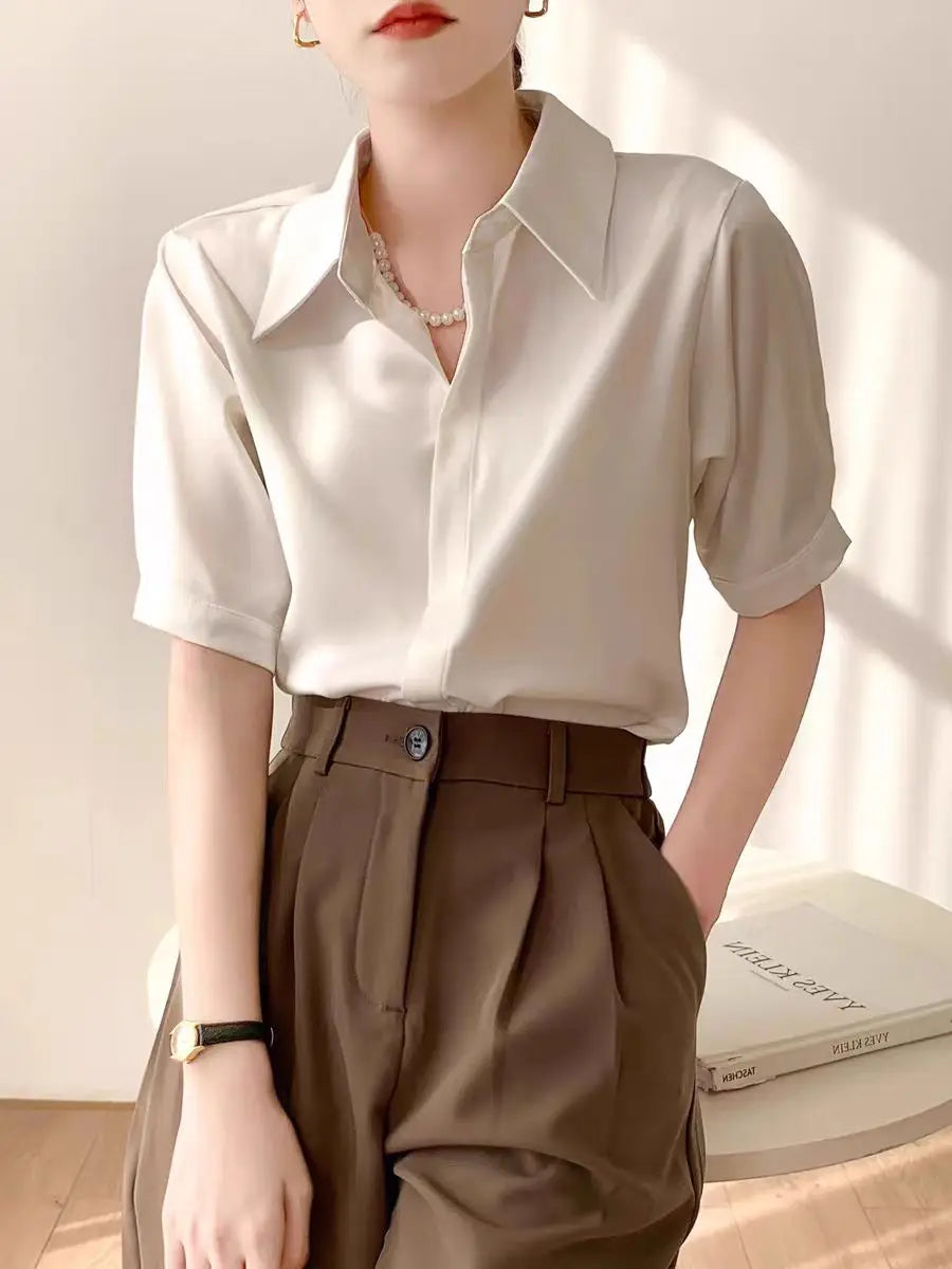 Summer Women's Blouse Casual Loose Short Sleeve Ladies' Shirt Fashion White Pullover Button Up Female Clothing Elegant Waman Top