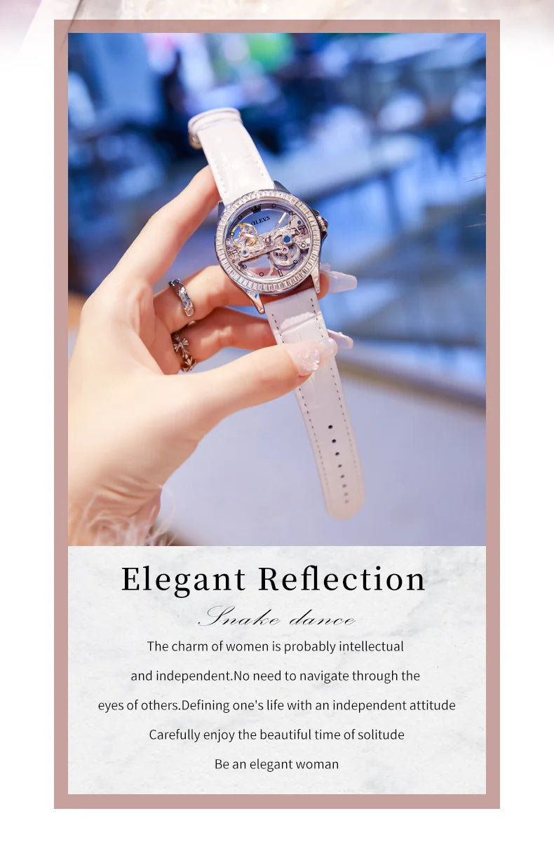 OLEVS Luxury Women Automatic Mechanical Watch Stainless Steel Diamond Inlay Fully Hollow Design Luminous Dial Elegant Wristwatch