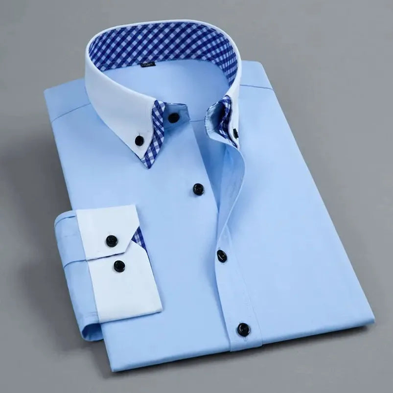 Mens Dress Shirt Long Sleeve Non Iron Fashion Double Layer Business Formal Regular Fit Office Camisa Social Shirts Drop Shipping
