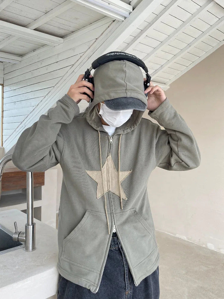 y2k Sweatshirt Men Star Print Long Sleeve Hooded Tops 2000s Aesthetic Clothes Zip Up Streetwear Fairycore Grunge Jacket Fall