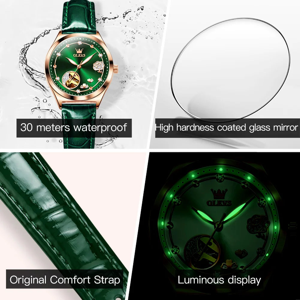 OLEVS Luxury Brand Women Mechanical Watch Leather Strap Waterproof Simple Fashion Ladies Automatic Wristwatch Relojes Para Mujer