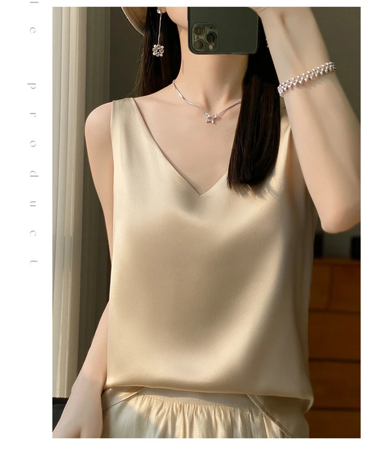 2024 New Silk Satin Women's Tank Top Basic V-neck Multi Color White Black Women's Sleeveless Top Summer Sexy Bottom