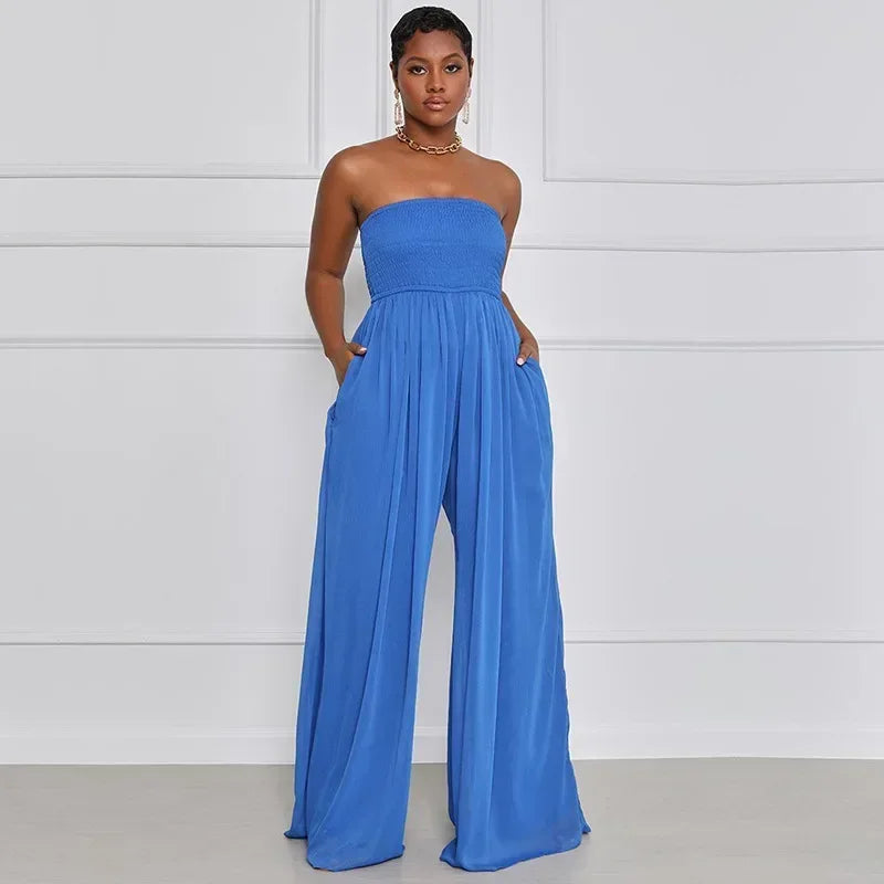 Women Strapless Sleeveless Long Loose Wide Leg Pants Overall Jumpsuits High Waist Solid Color Full Length Pants