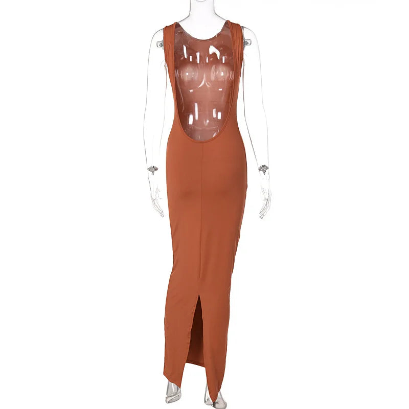 Sexy Open Back Backless Split Slim Bodycon Maxi Dress Women Sleeveless Solid Color Skinny Evening Long Dress Club Party Vestidos