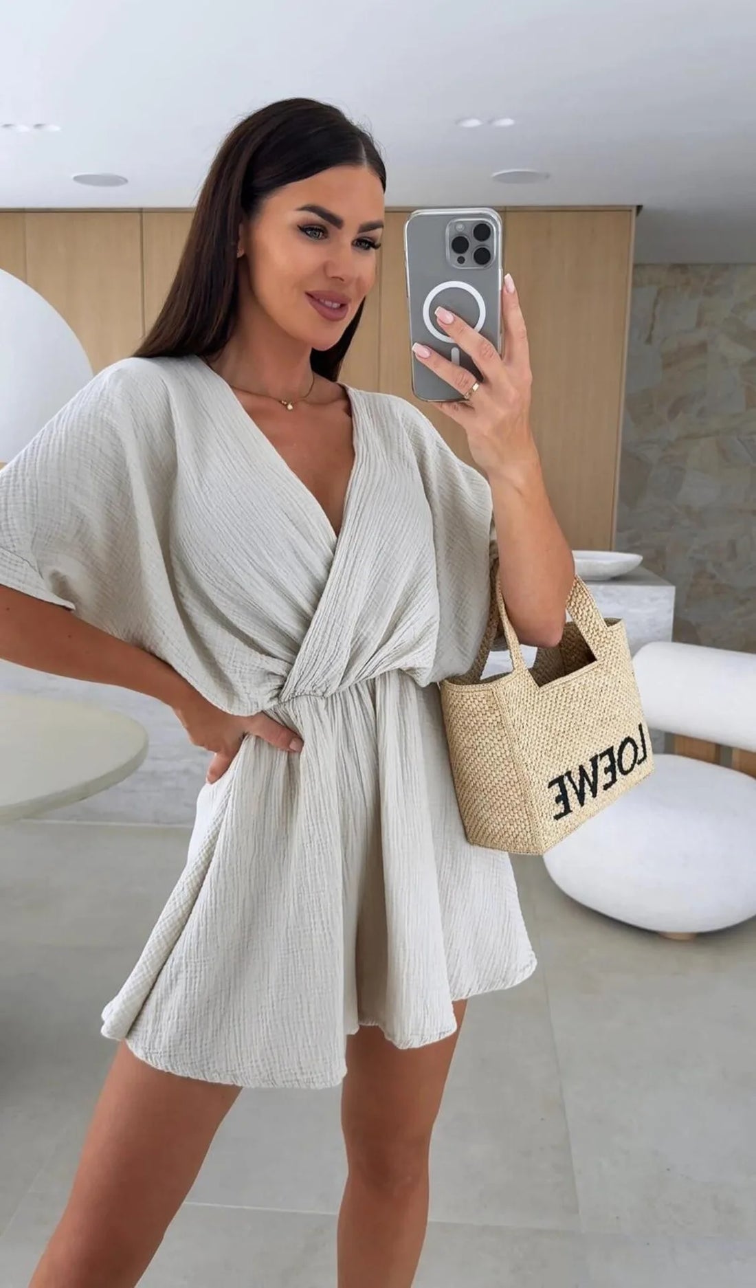 Summer Women's Jumpsuit Short Sleeved V-neck Fashionable Casual Waist Cinched Solid Color Jumpsuit