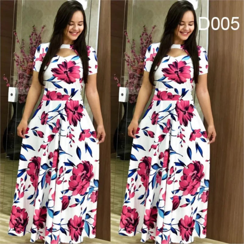 Elegant Spring Women's Dress Casual Fashion Floral Print Short Sleeve Super Long Dress 2023 New Fashion Hollow Out Long Dresses