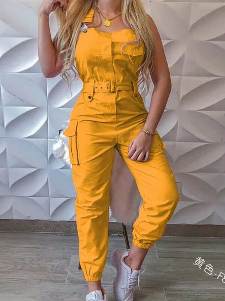 Sleeveless Cargo Long Jumpsuits For Women Casual Slim Solid Basic Women's Overalls Fashion Vintage Summer Playsuits