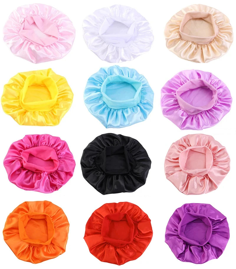 New Kids Girls Boys Satin Night Sleep Cap Wide Band Elastic Turban Headwear Bonnet Hair Care Beanie Nightcap Scarf Bandana