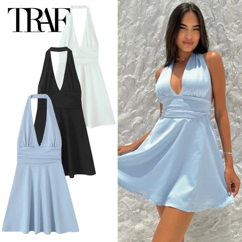 MUJER 2025 Halter Short Dresses for Women White Black Backless Womens Dresses Summer Party Mini Dress Women Beach Women's Dress