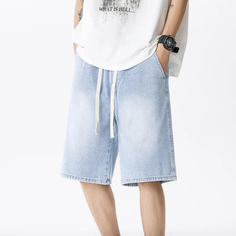 Casual Denim Shorts Men Elastic Waist Straight Comfortable Light Blue Soft Short Pants Baggy Wide Bermuda Male Jeans