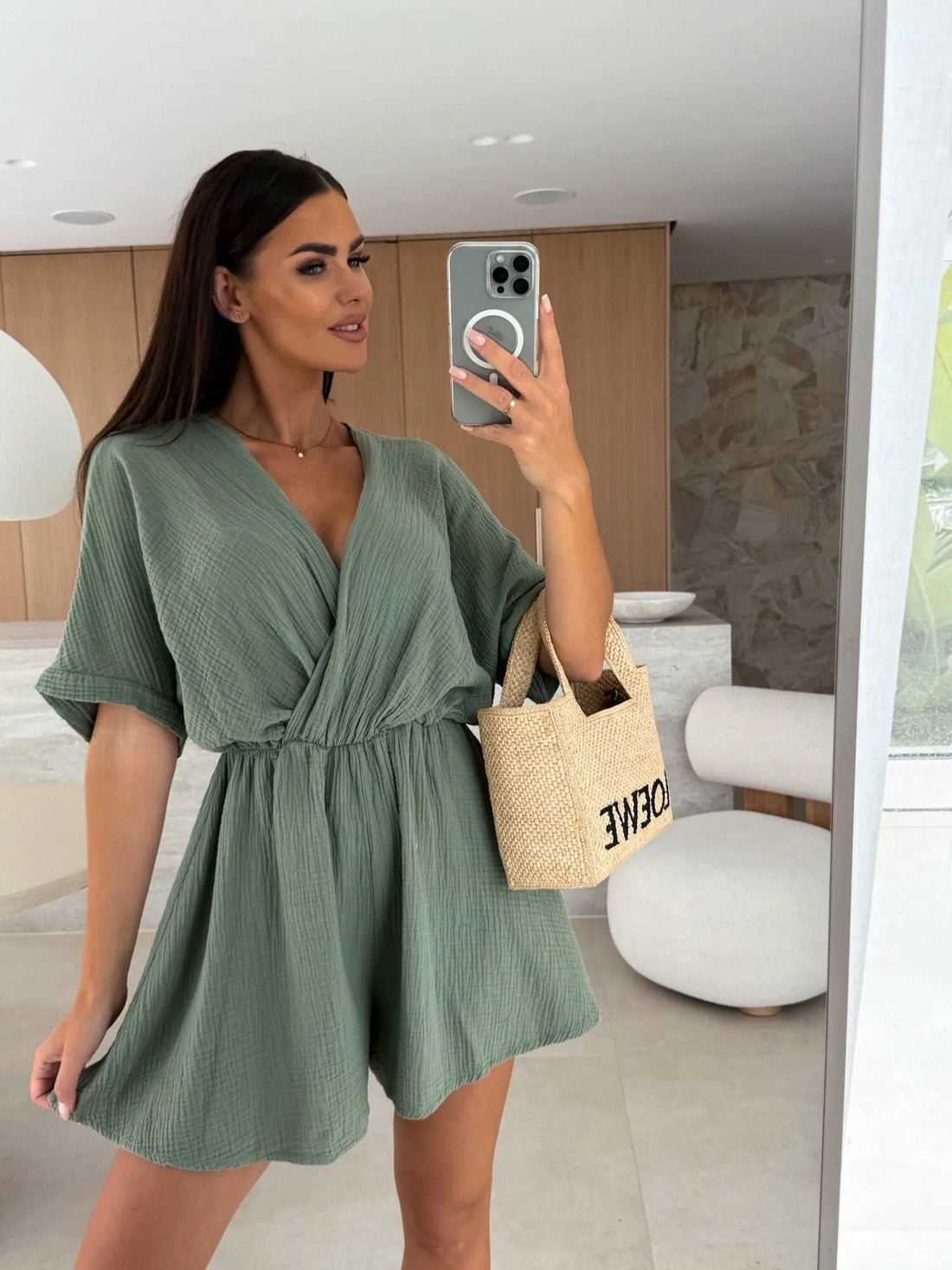 Summer Women's Jumpsuit Short Sleeved V-neck Fashionable Casual Waist Cinched Solid Color Jumpsuit