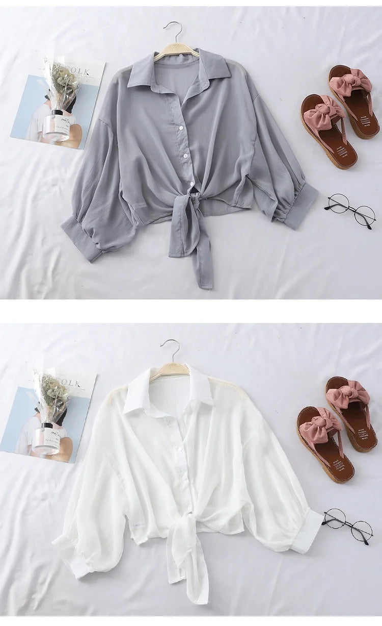 Chiffon Shirts Women 2025 Summer Half Sleeve Buttoned Up Shirt Loose Casual Blouse Tie Waist Elegant Blouses for Women