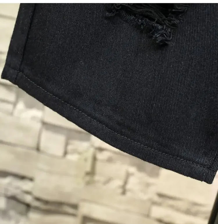 Streetwear Ripped Fashion Denim Shorts Men Summer Simple Hole Knee Length Pants Solid Straight Casual Short Jeans Male Shorts