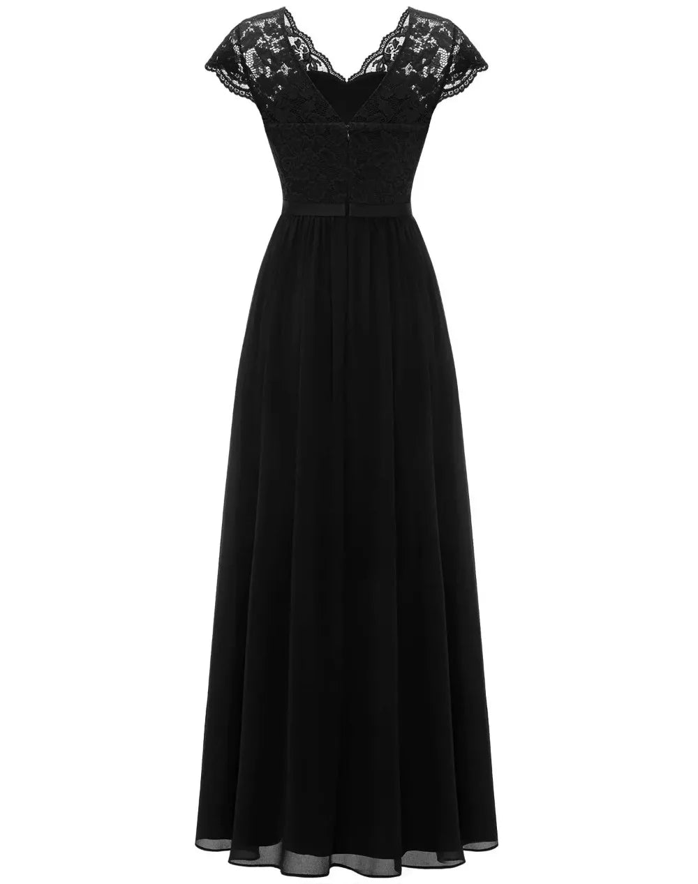 Lace Edge Splicing Chiffon Double V-neck Long Formal Evening Dress